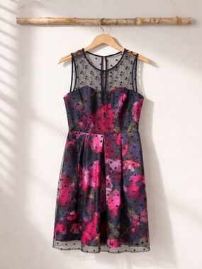 Collection B Black Mesh Yoke Floral Midi Dress - Pink Multi